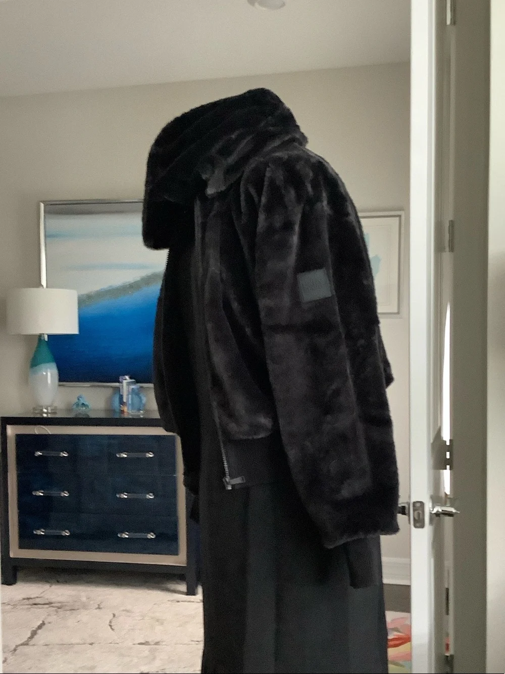 DKNYC Black Plush Faux Fur Bomber Jacket